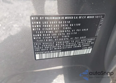 2018 Volkswagen Tiguan 2.0T Se/2.0T Sel z USA, uszkodzony, nr VIN 3VV2B7AX8JM068960